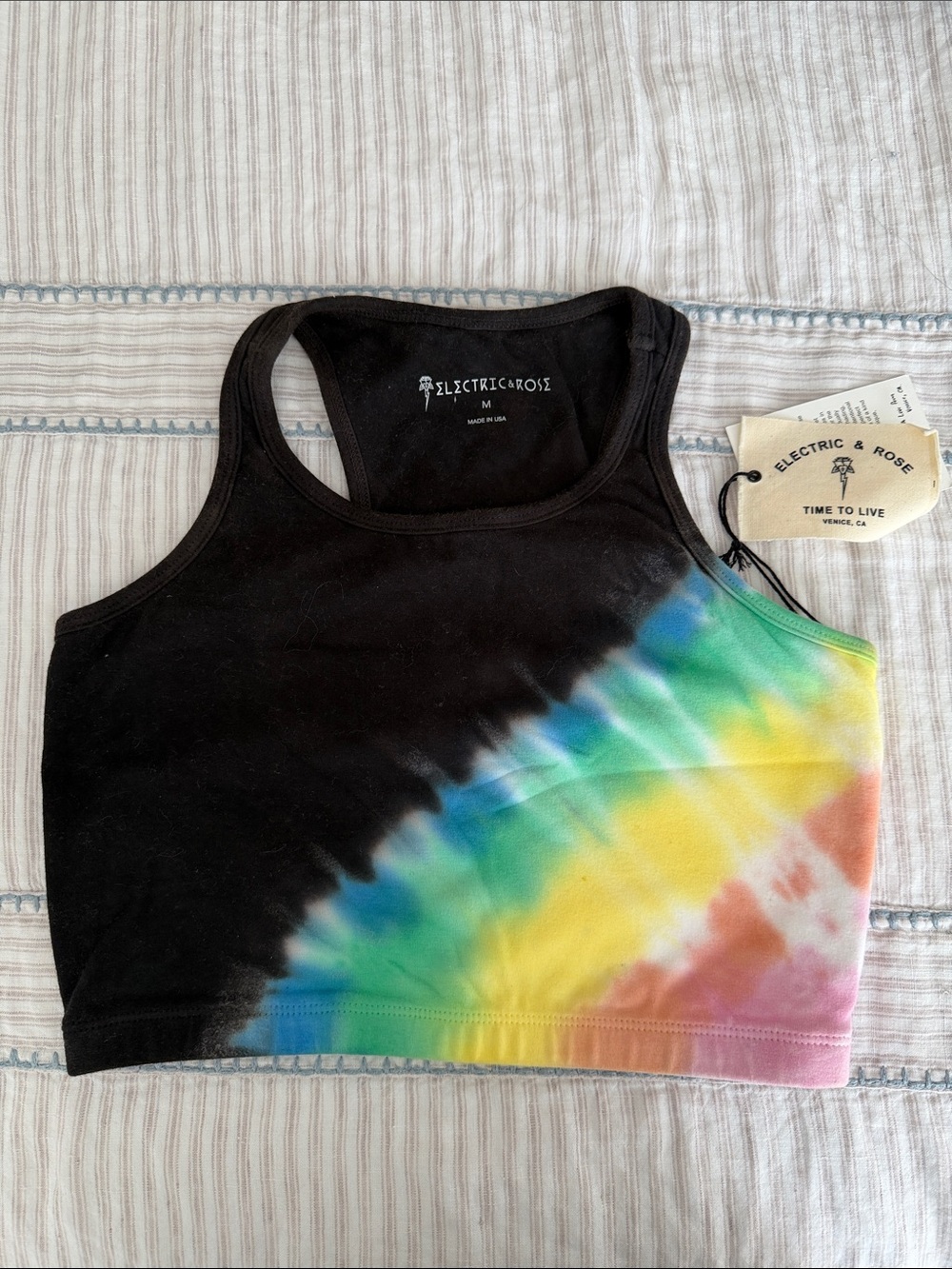 Electric & Rose Black and Rainbow Tie-Dye Racerback Crop Top